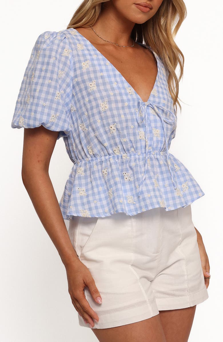 Petal & Pup Cecelia Gingham Eyelet Embroidered Peplum Top, Alternate, color, Blue Gingham