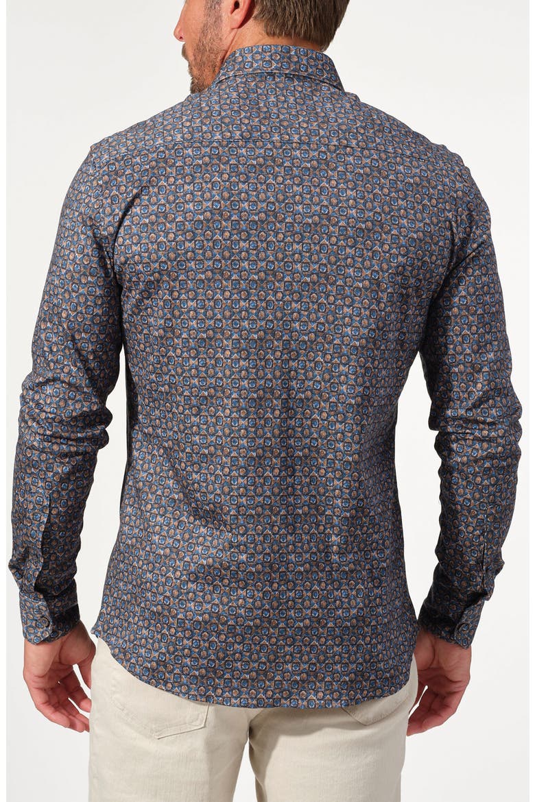 Mosaic Print Stretch Cotton Long Sleeve Button-Down Shirt, Alternate, color, BROWN