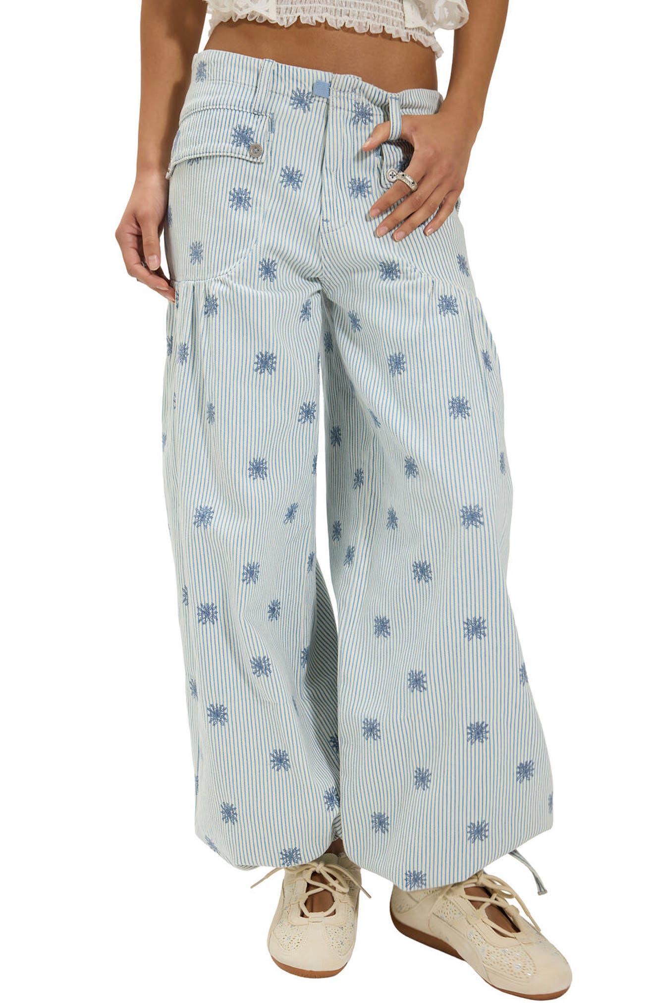 Lotus Embroidered Railroad Stripe Jeans