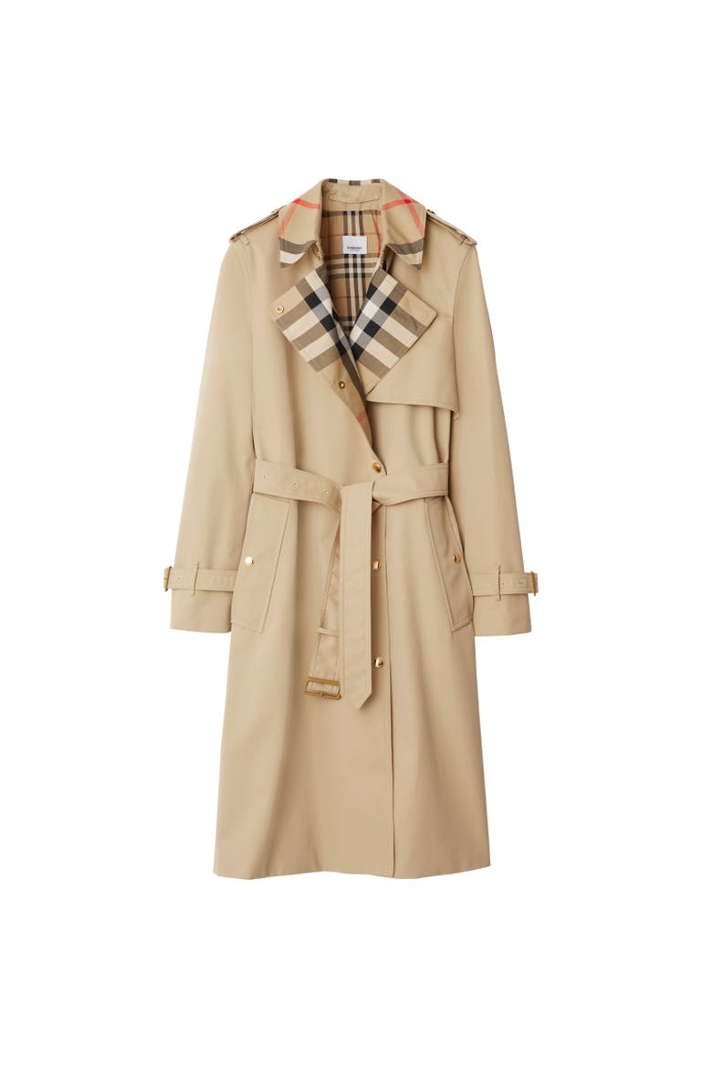 Long Check Collar Gabardine Trench Coat, Alternate, color, Honey beige