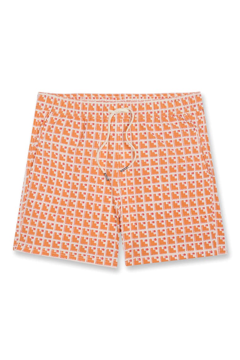 Bungalow Geo Print Water Repellent Swim Trunks, Alternate, color, SUNSET STAIRS (815)