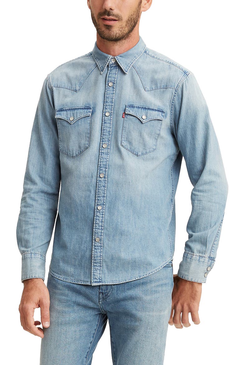 Levi's® Premium Barstow Standard Fit Denim Western Shirt, Main, color, RED CAST STONE