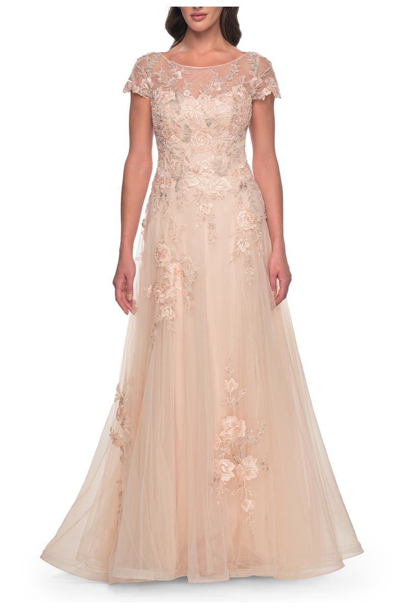 La Femme Tulle and Lace A-Line Dress with Illusion Neckline and Short Sleeves, Main, color, Champagne