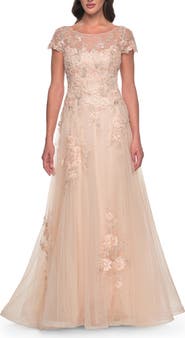 La Femme Tulle and Lace A-Line Dress with Illusion Neckline and Short Sleeves