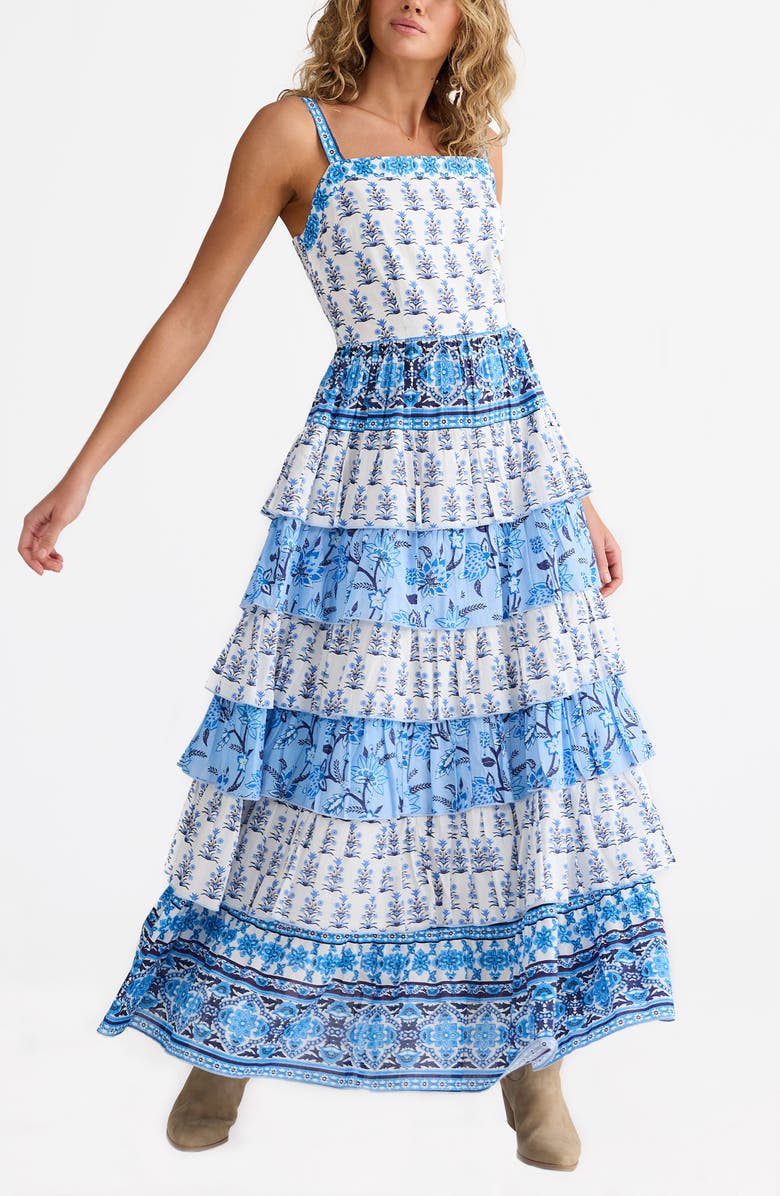 Talisman the Label Paloma Mixed Print Tiered Cotton Maxi Dress, Alternate, color, Blueberry Fields