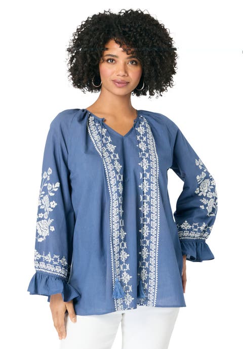Tasseled Long Sleeve Blouson Top (plus)
