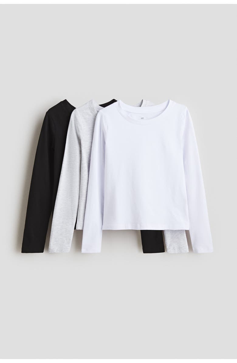 H&M 3-pack Cotton Tops, Main, color, Black/Gray Melange/White