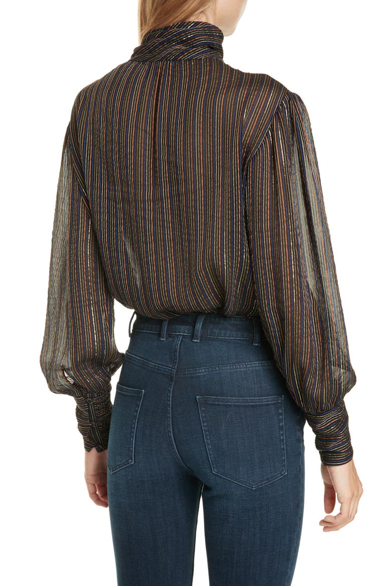 Metallic Stripe Tie Neck Silk Blend Blouse, Alternate, color, BLACK COMBO