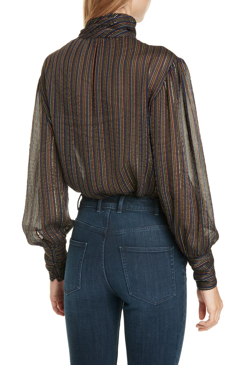 Rebecca Taylor Metallic Stripe Tie Neck Silk Blend Blouse, Alternate, color, 