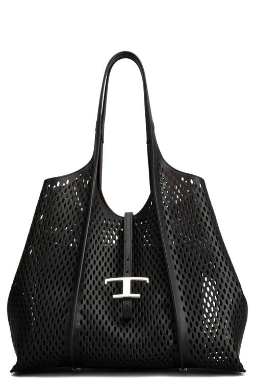 Tod's Medium T Timeless Perforated Leather Shopper In Nero