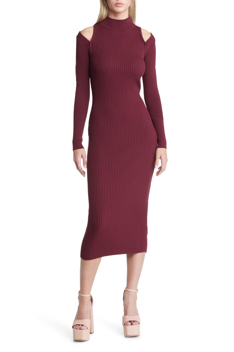 Mock Neck Cold Shoulder Long Sleeve Sweater Dress, Main, color, BURGUNDY TANNIN