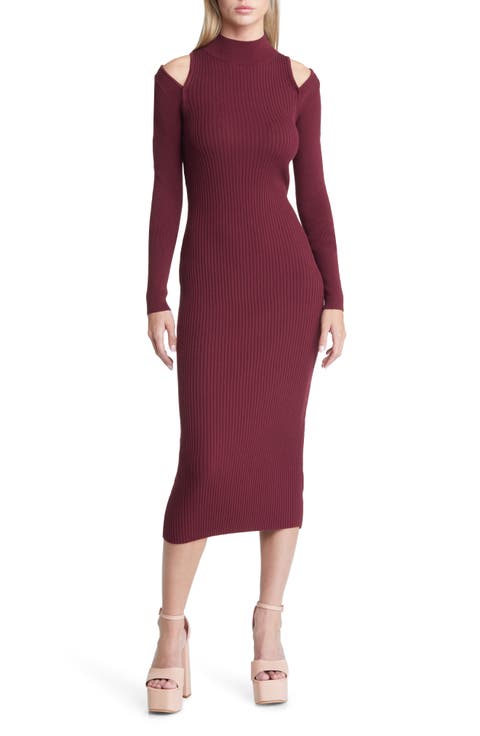 Mock Neck Cold Shoulder Long Sleeve Sweater Dress