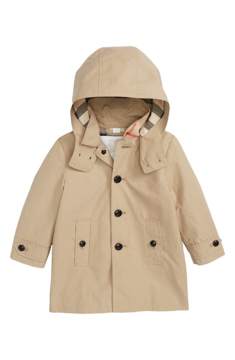 Burberry Mini Bradley Hooded Trench Coat, Main, color, 
