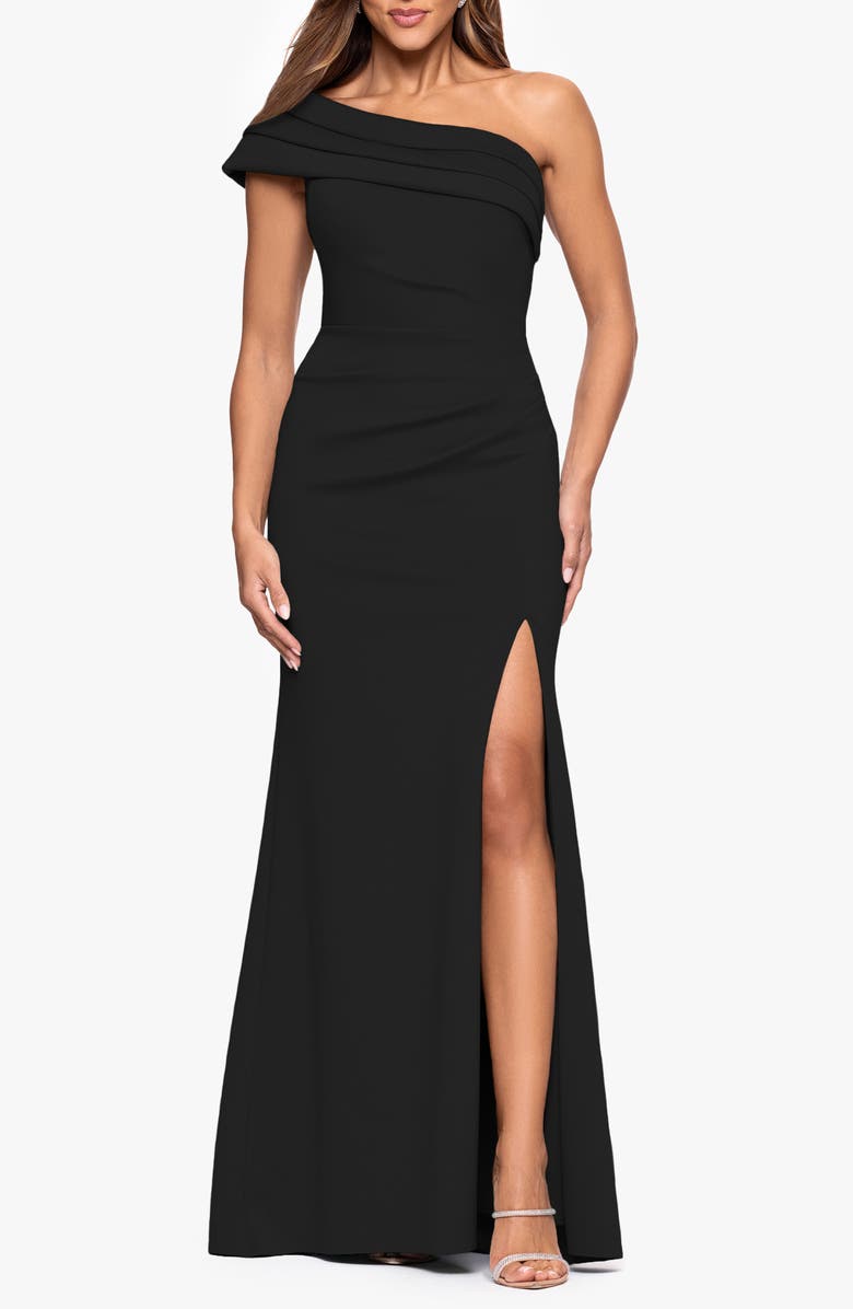 Xscape Evenings One-Shoulder Knit Gown, Main, color, Black