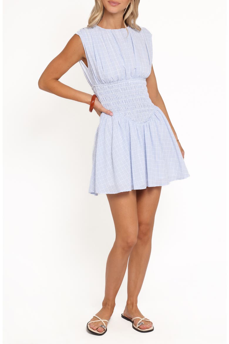 Ayla Gingham Smocked Minidress, Main, color, BLUE GINGHAM