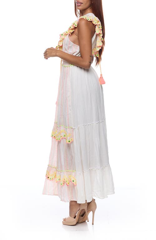 Ranee's Ranees Ruffle Sleeveless Cotton Maxi Dress In White/pink Multi