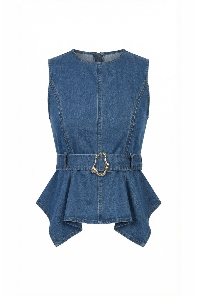 Belted Denim Peplum Top, Alternate, color, Blue
