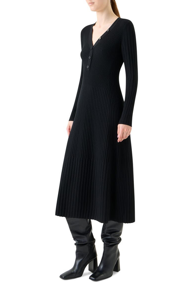 Mixed Rib Long Sleeve Virgin Merino Wool Sweater Dress, Alternate, color, BLACK