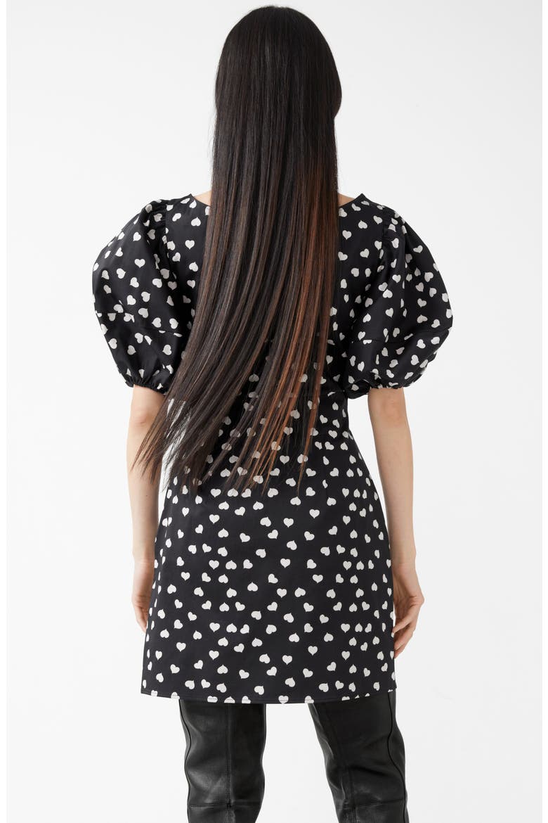 Heart Print Puff Sleeve Stretch Cotton Minidress, Alternate, color, BLACK W. DOTS