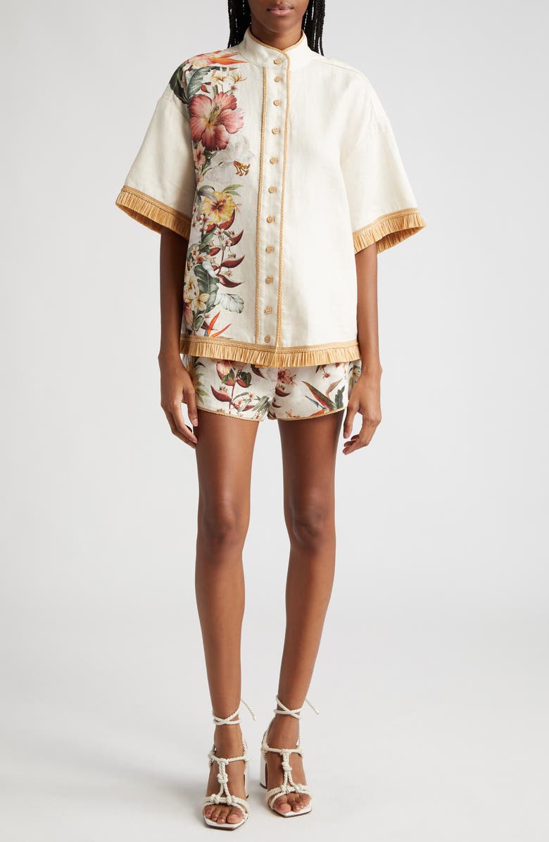Zimmermann Lexi Tropical Floral Raffia Trim Button-Up Shirt, Alternate, color,