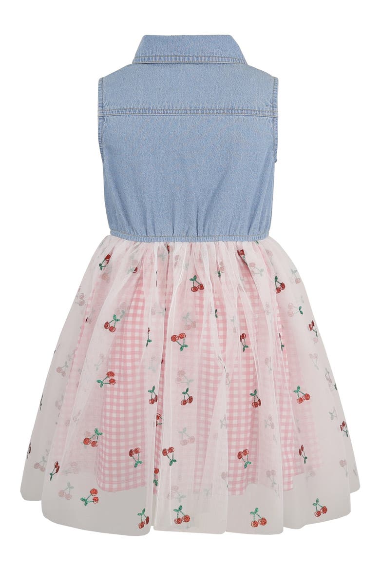 Kids' Denim Cherry Embroidered Mixed Media Dress, Alternate, color, DENIM/ PINK