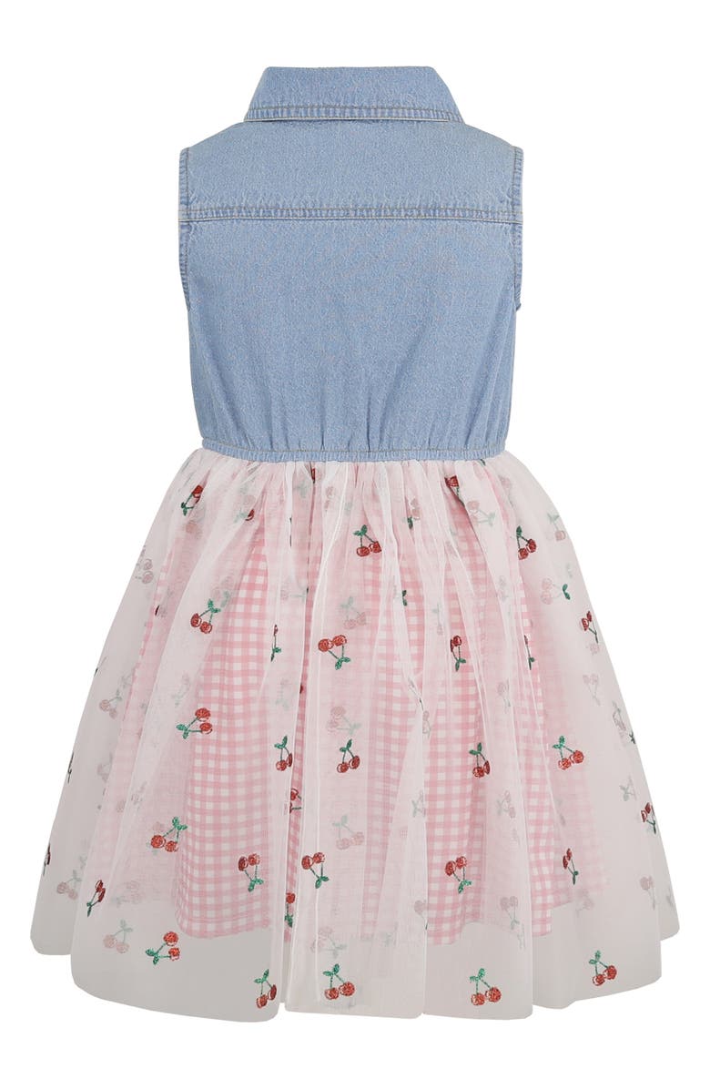 Zunie Kids' Denim Cherry Embroidered Mixed Media Dress, Alternate, color,