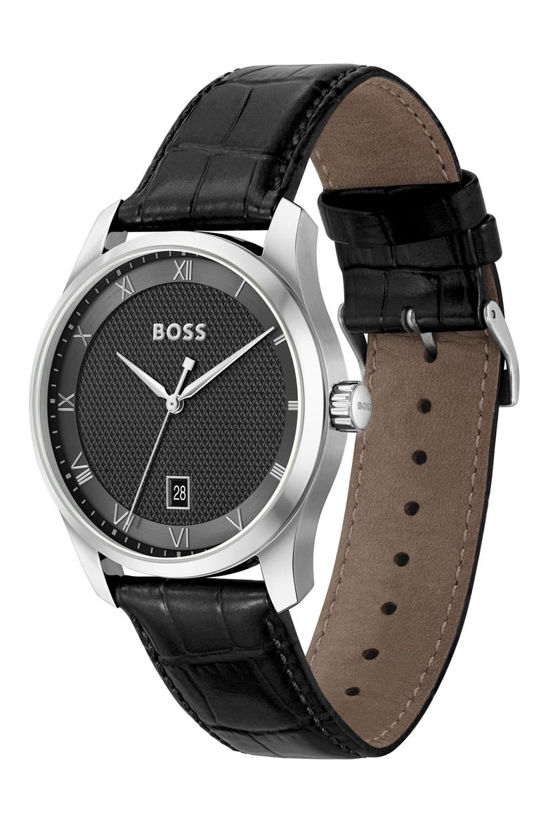 Principle Leather Strap Watch, 44mm, Alternate, color, BLACK