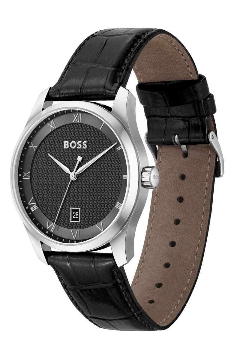 BOSS Principle Leather Strap Watch, 44mm, Alternate, color, Black