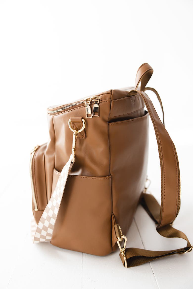 Vegan Leather Large Diaper Bag | 2 Insulated Bottle Pockets, Checkered Crossbody Strap, Stroller Straps & Changing Mat Included, Alternate, color, Brown