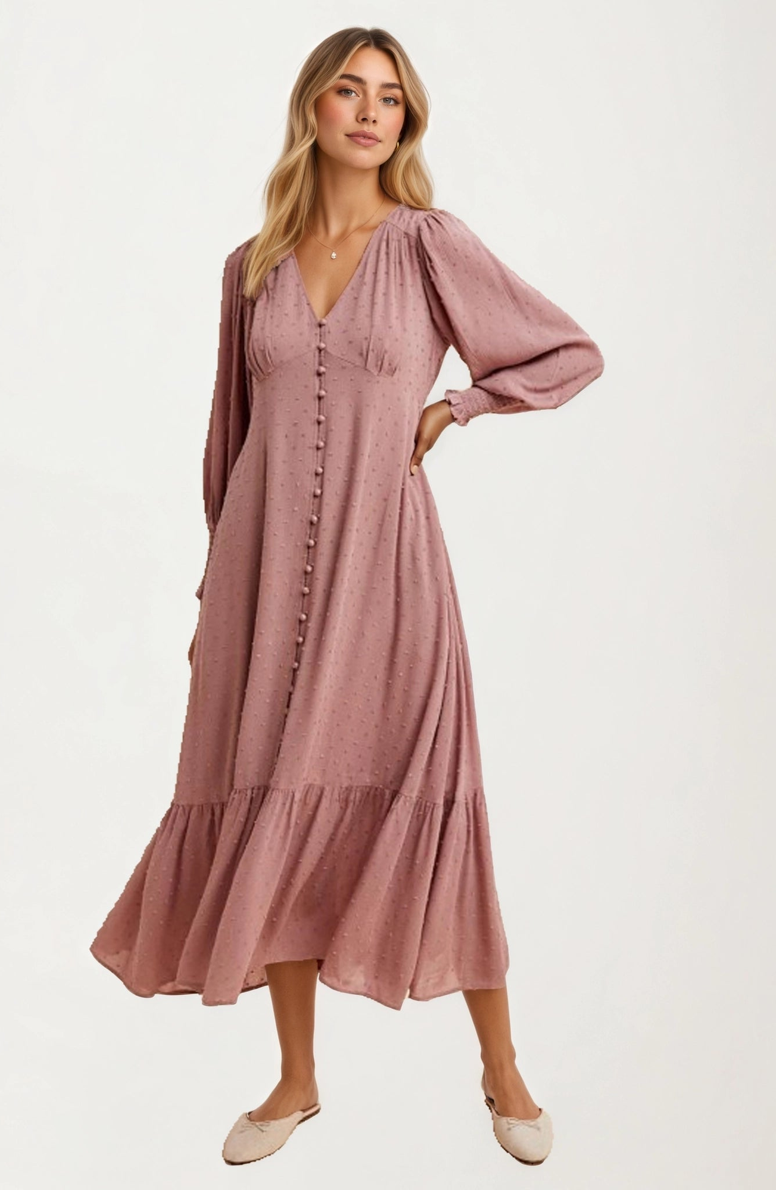 Button Front Puff Sleeve Maxi Dress