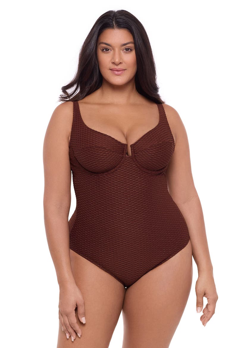 Smoothing and Sculpting Grid Textured Underwire One-Piece Swimsuit, Main, color, Sangria
