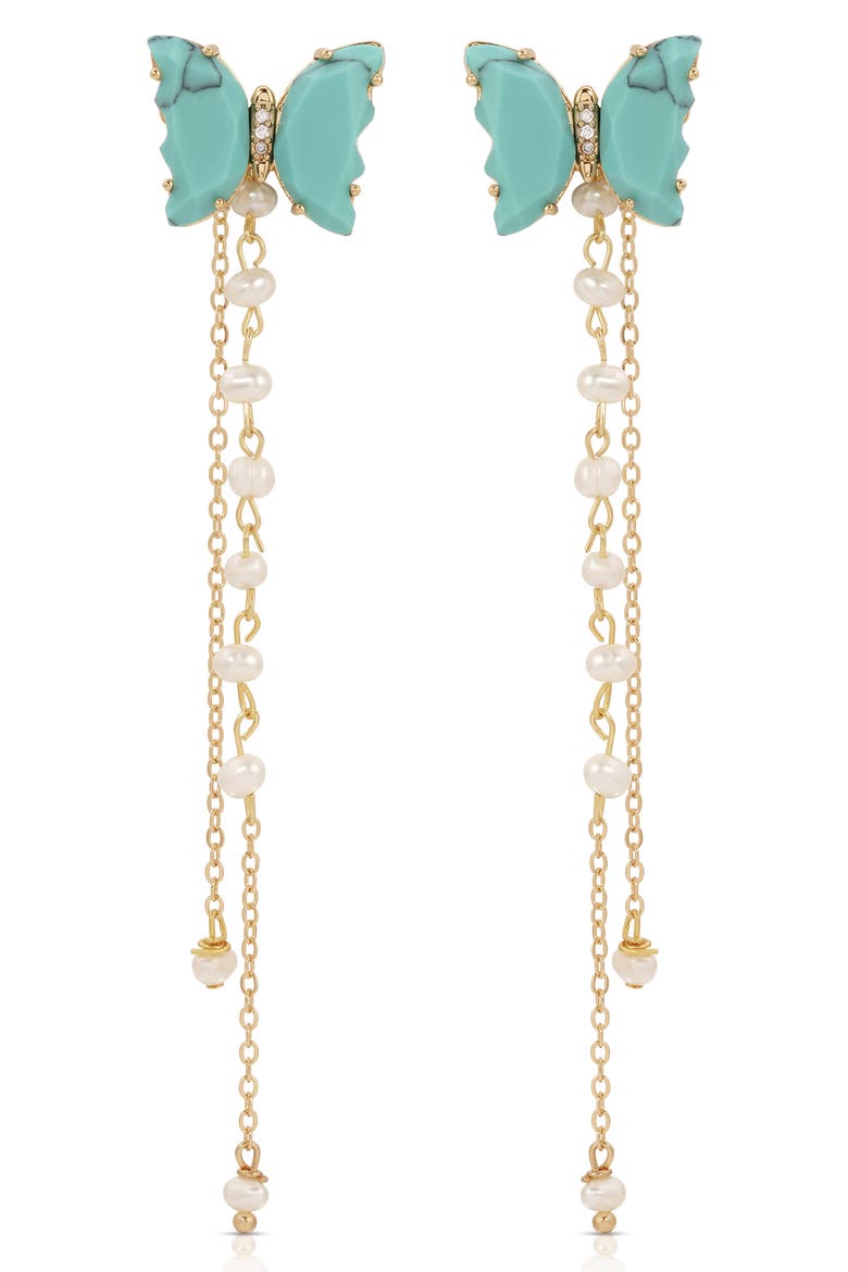 Turquoise Butterfly & Freshwater Pearl Front/Back Earrings, Main, color, TURQUOISE