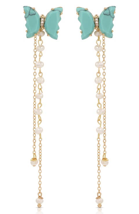 Turquoise Butterfly & Freshwater Pearl Front/Back Earrings