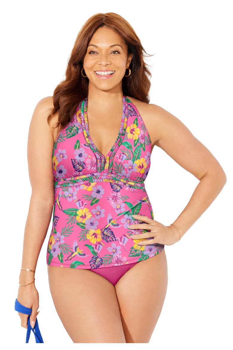 Braid Trim Halter Tankini Top, Main, color, Maui Coral Floral