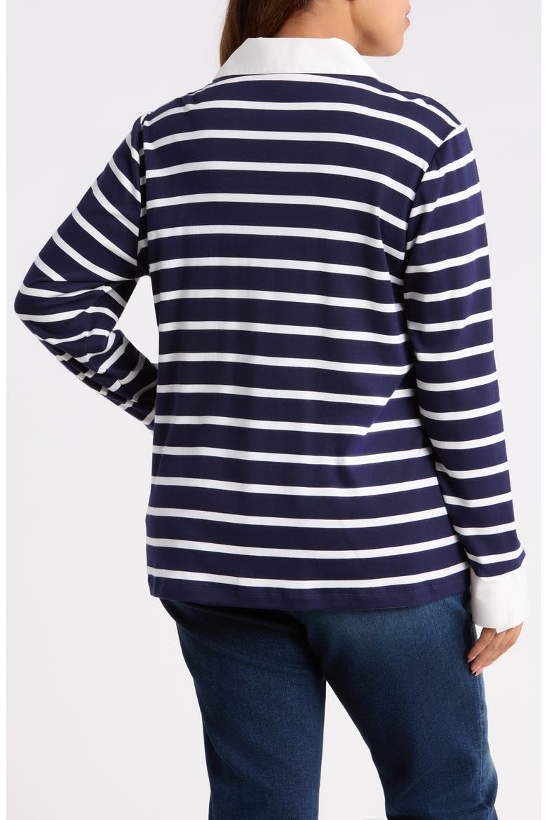 Striped Cotton V-Neck Top with Poplin Trim, Alternate, color, PACIFIC NAVY/ NATURAL WHITE