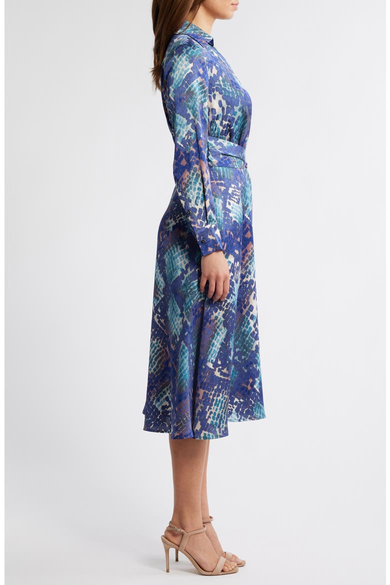 Long Sleeve Hammered Satin Wrap Front Shirtdress, Alternate, color, INDIGO SNAKE