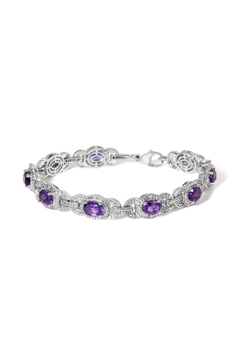 Sterling Silver Oval Purple Amethyst and Diamond Interlocking Halo Link Bracelet, Main, color, White