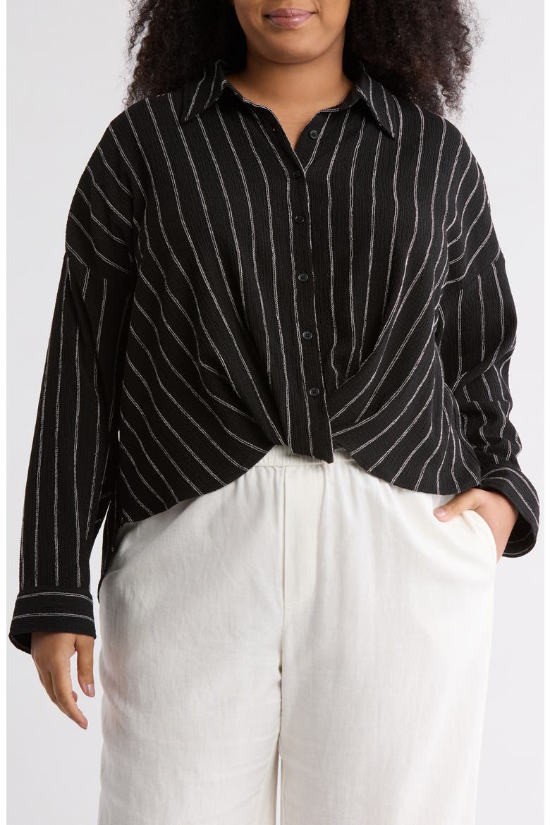 Texture Front Twist Button-Up Shirt, Main, color, BLACK- IVORY RITA STRIPE