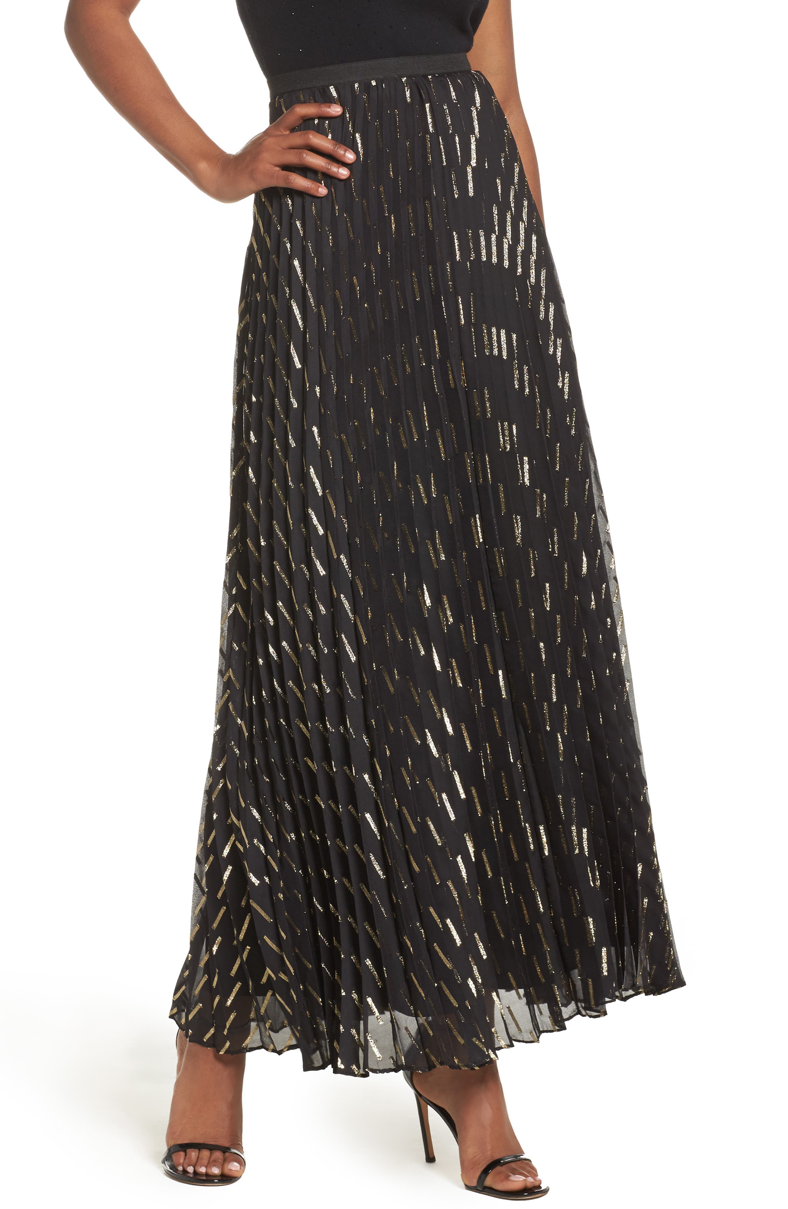 Eliza J Metallic Detail Pleated Chiffon Maxi Skirt