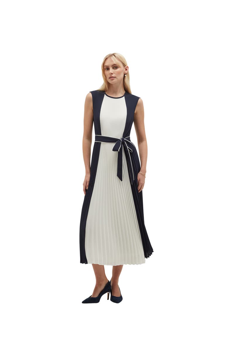 Hattie Pleated Tie-Waist Midi Dress, Main, color, Midnightivory