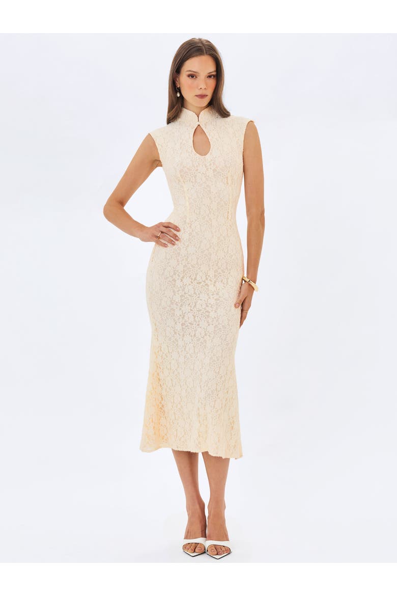 Garcelle Brushed Lace Keyhole Mermaid Midi Dress, Alternate, color, Cream