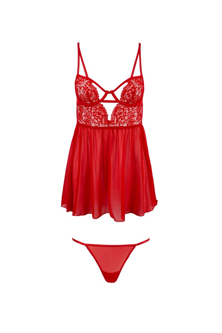 Rae Unlined Babydoll & G-String Set Lingerie, Alternate, color, Dark red