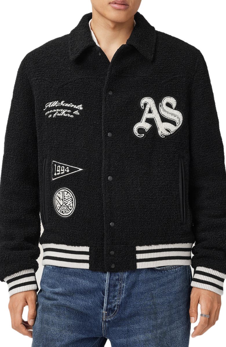 AllSaints Baum Wool Blend Baseball Jacket, Main, color, Black