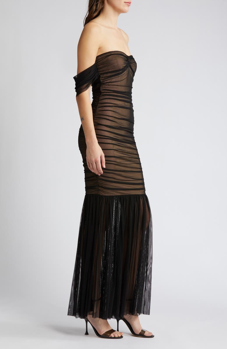 bebe Off the Shoulder Mesh Mermaid Gown, Alternate, color, 