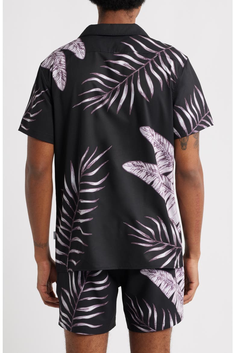 Tonal Jungle Print Short Sleeve Performance Camp Shirt, Alternate, color, BLACK