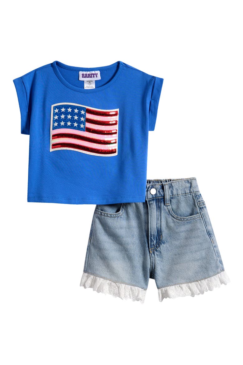 Kids' Sequin Flag Appliqué T-Shirt & Lace Trim Shorts Set, Main, color, BLUE