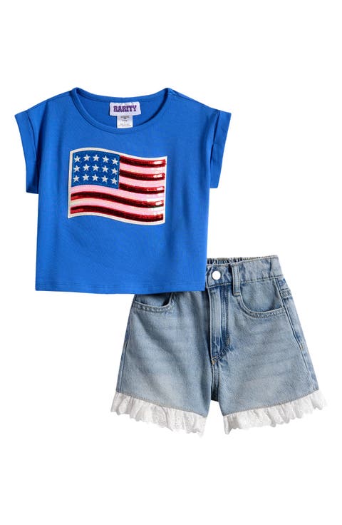 Kids' Sequin Flag Appliqué T-Shirt & Lace Trim Shorts Set (Little Kid)