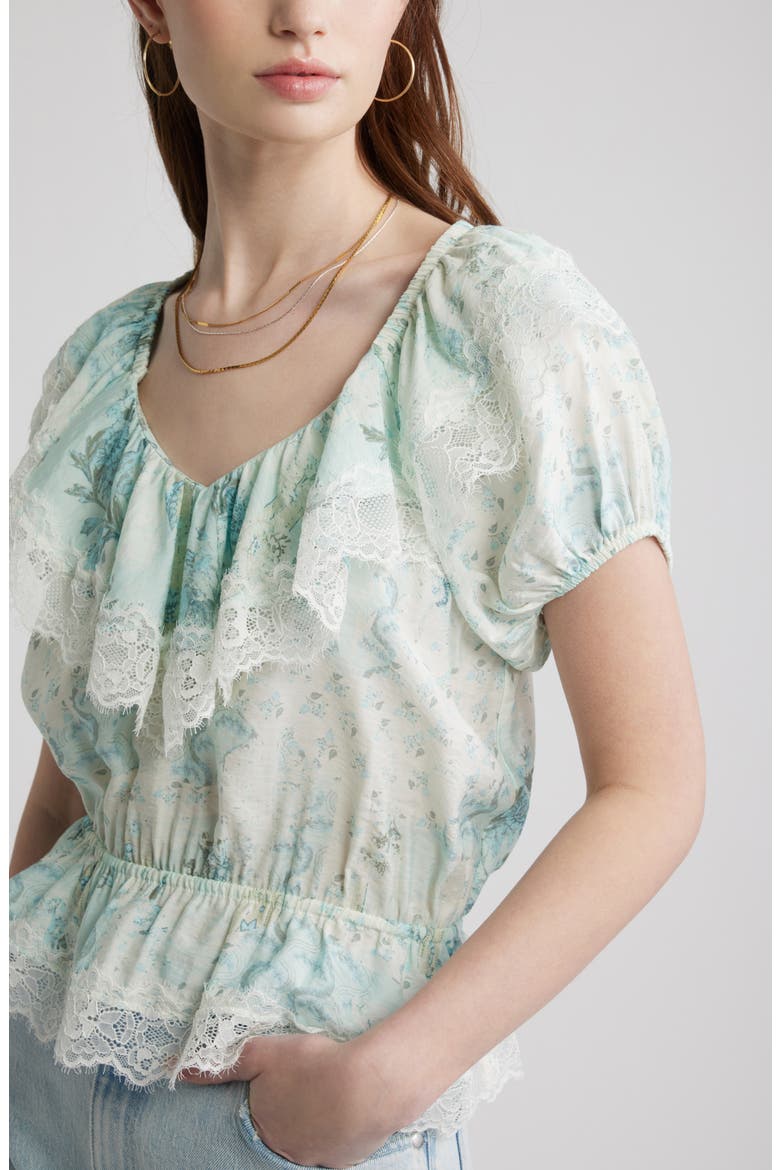 Lace Trim Puff Sleeve Peplum Top, Alternate, color, BLUE WALLPAPER COLLAGE