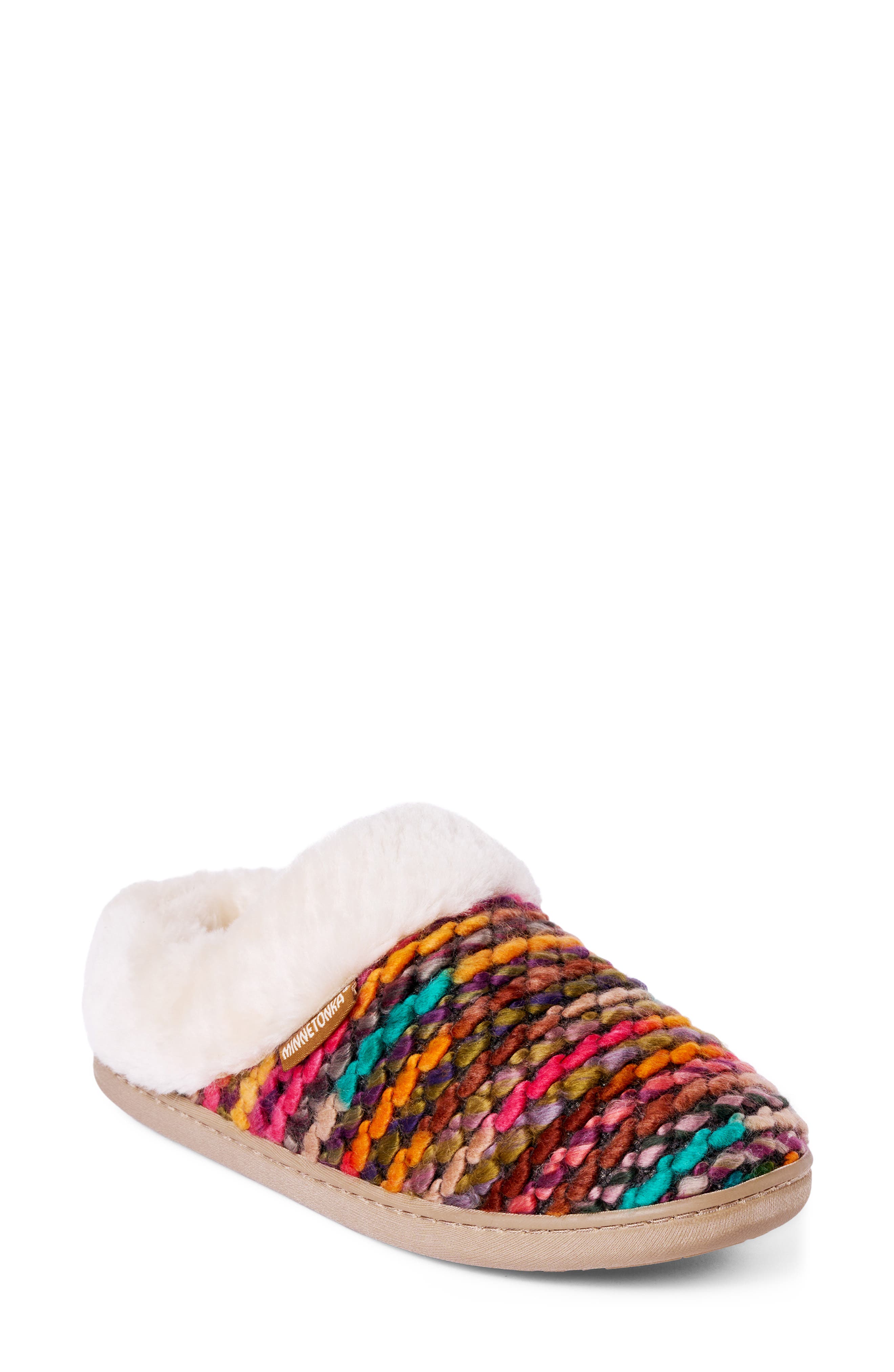 Dina Faux Fur Lined Slipper, Main, color, KNIT MULTI