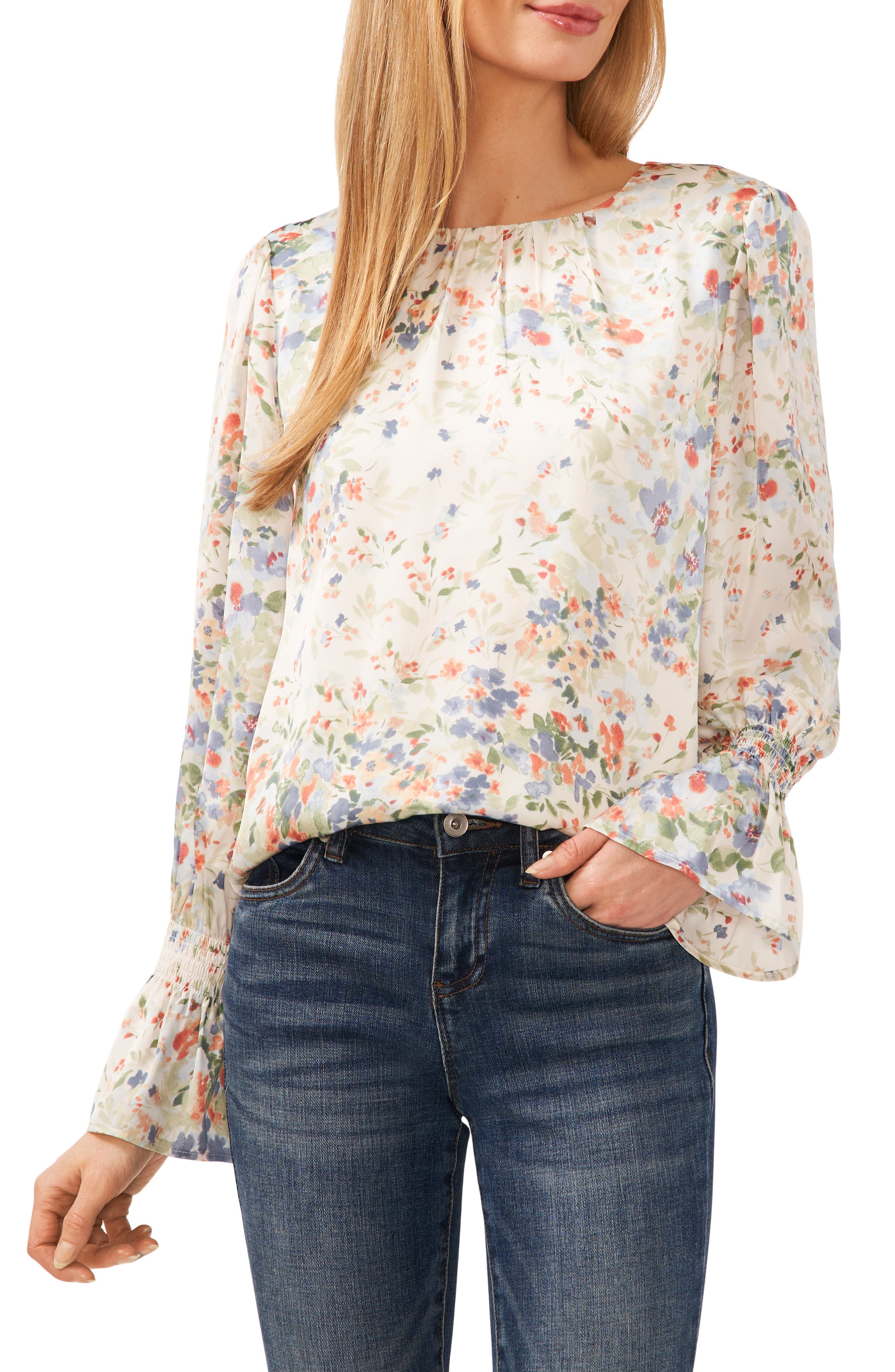 Floral Ruffle Cuff Charmeuse Top